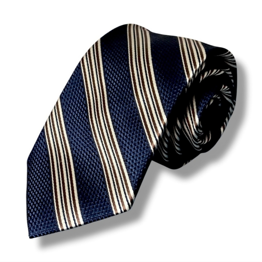 JOESPH ABBOUD Navy Woven Silk Tie with Silver & Brown Diagonal Stripes NWT